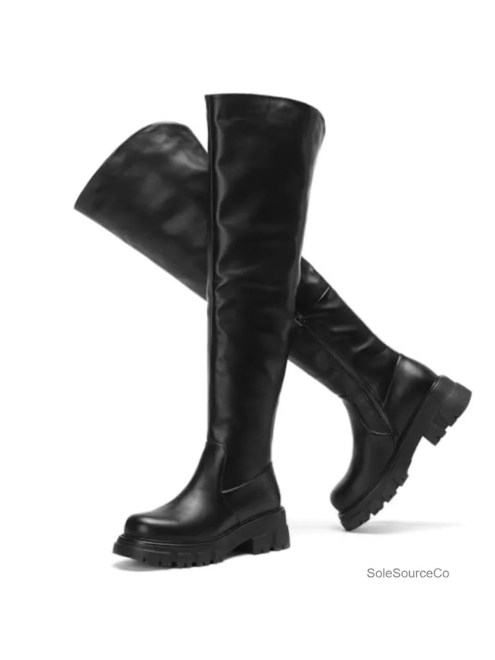 Over the Knee Thigh High Boots Faux Leather Chunky Lug Sole Low Heel Side Zipper